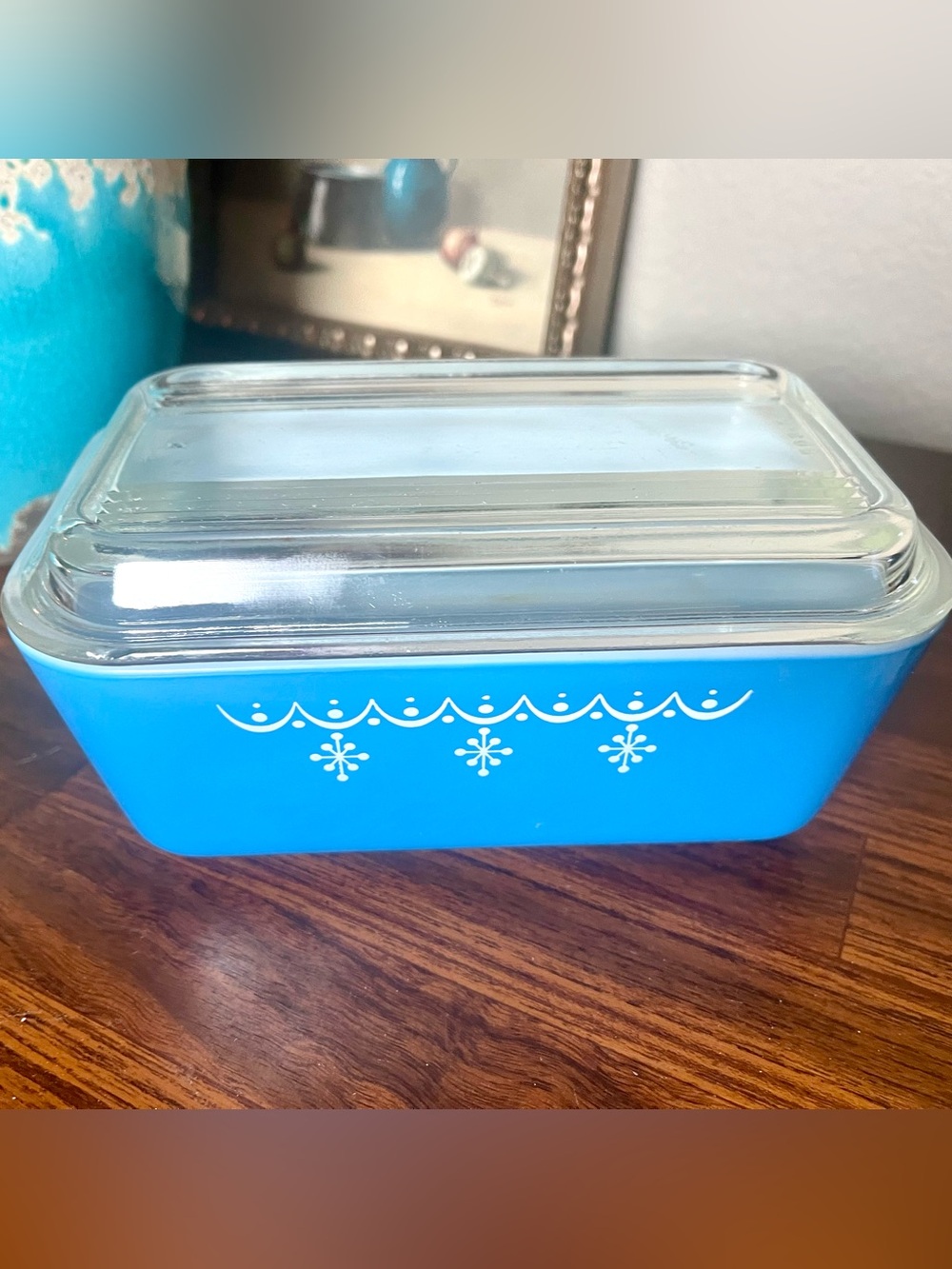Vintage PYREX Snowflake Garland Blue 502 Dish w/ Lid 1,5 pt